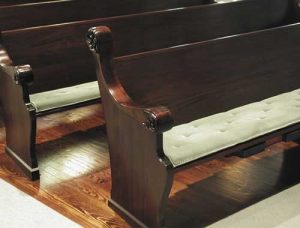 A closer look at our green pew cushions.
